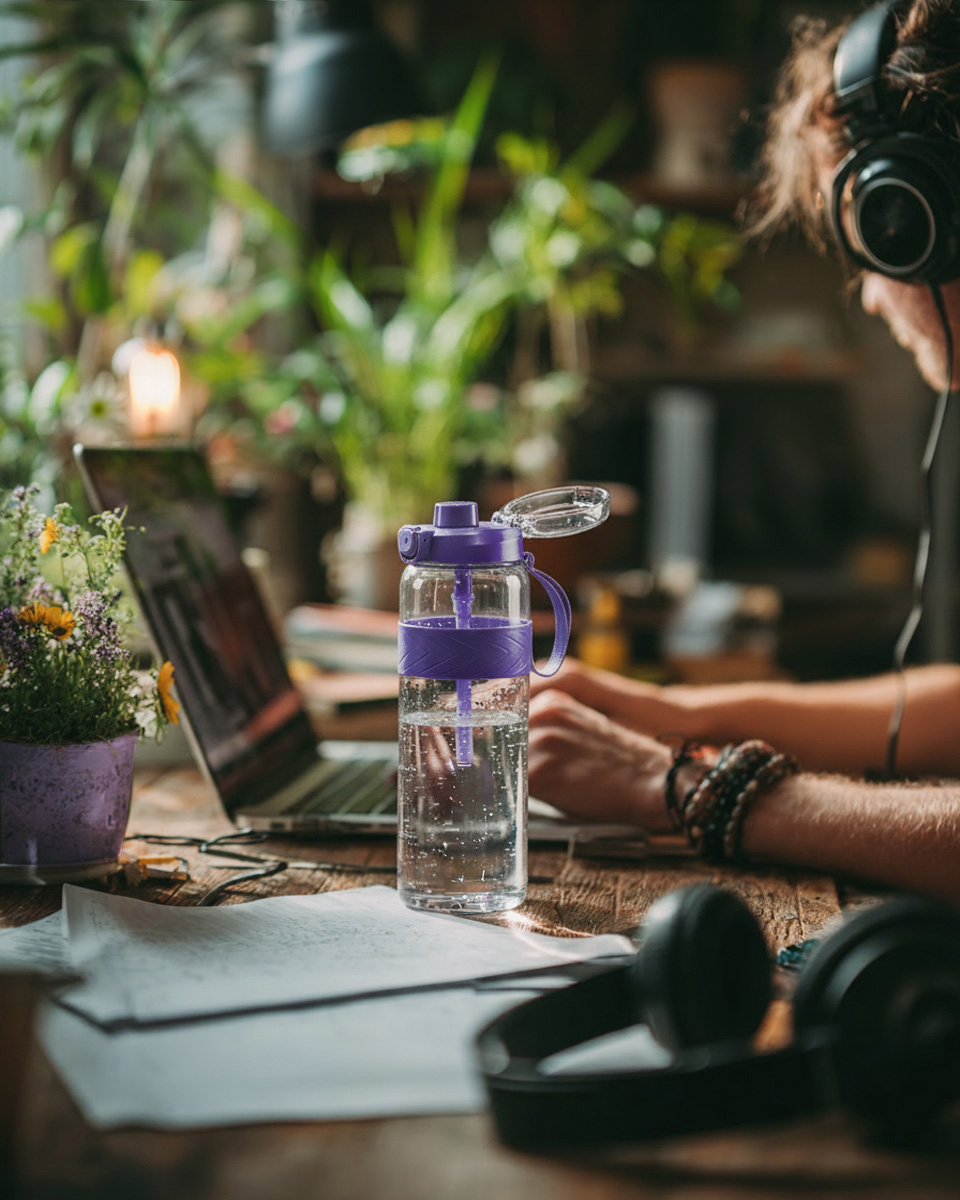 OTOO water bottle on a desk surrounded by plants