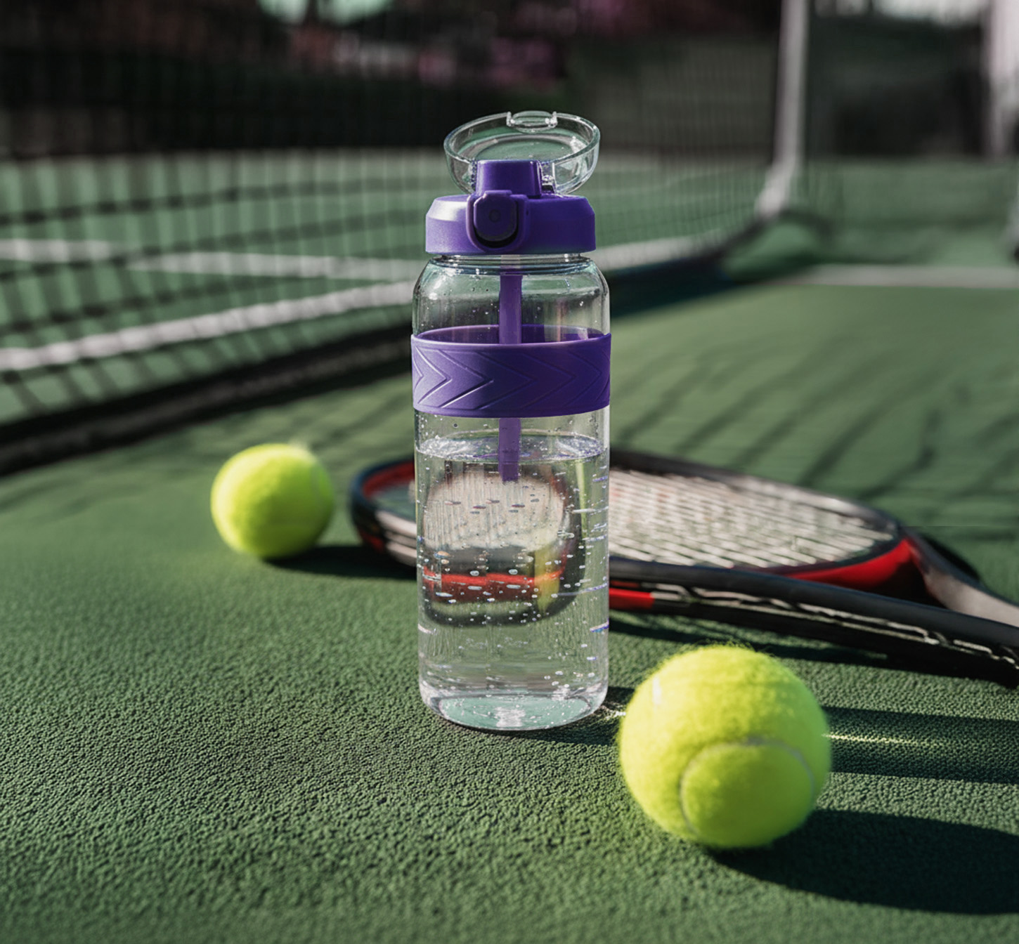 OTOO water bottle courtside with tennis balls and racket
